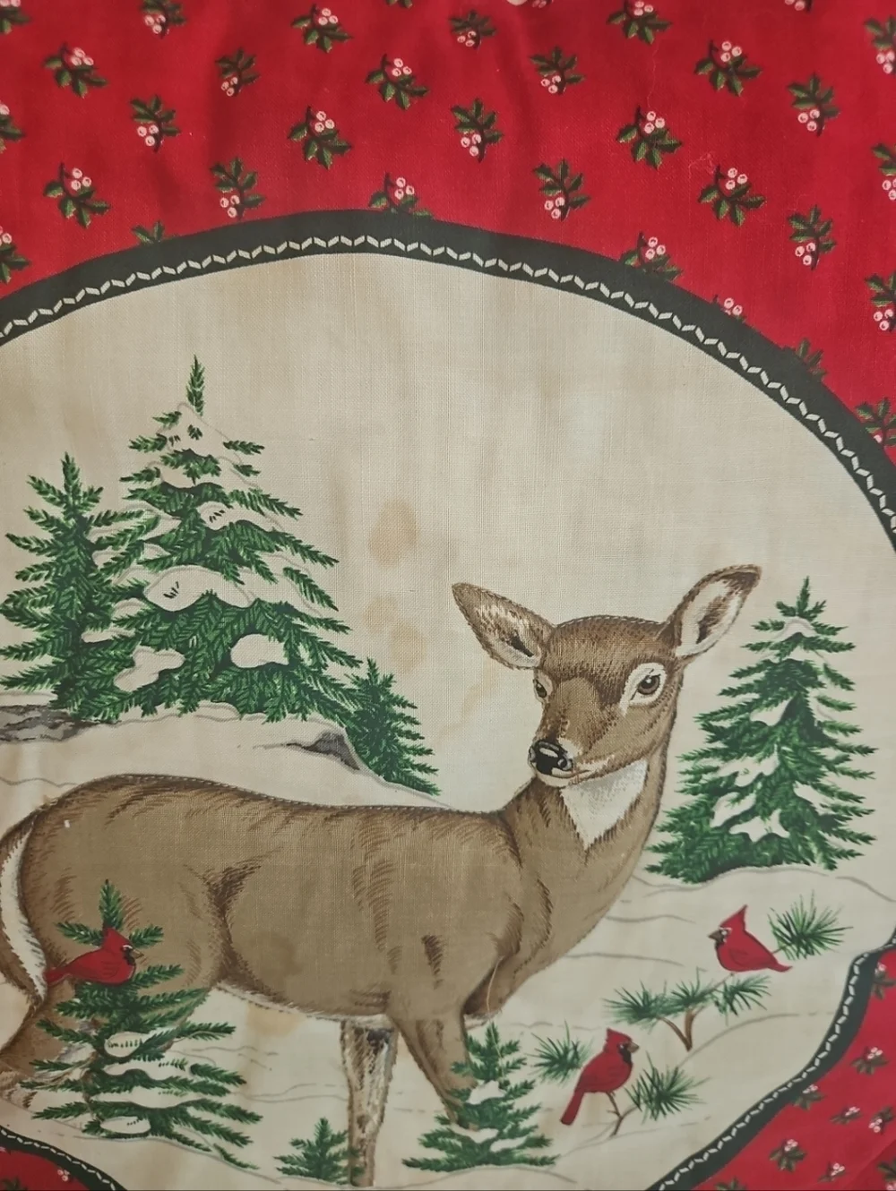 Vintage Christmas Pillow Handmade Double Sided 15” Buck Doe Deer Cardinals Lace